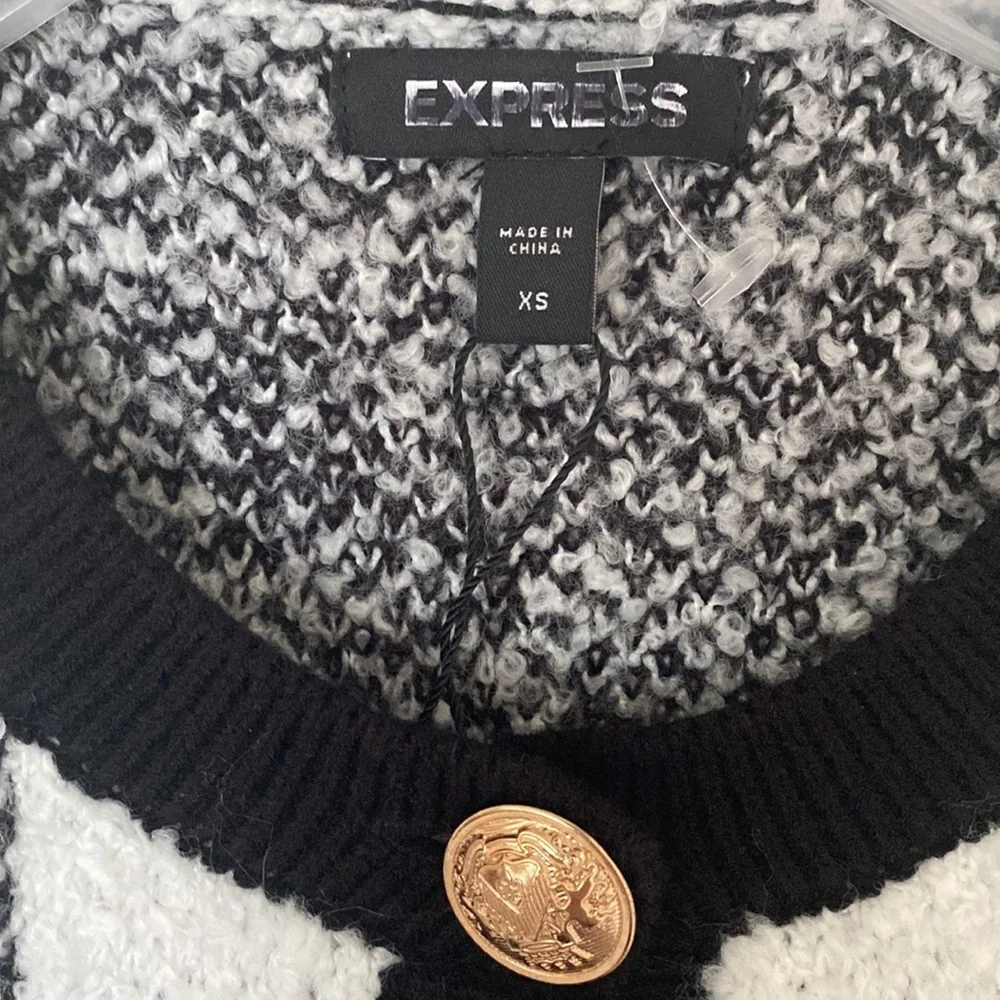 “Express” Chic plaid white/black sweater jacket with novelty buttons; XS; NWOT